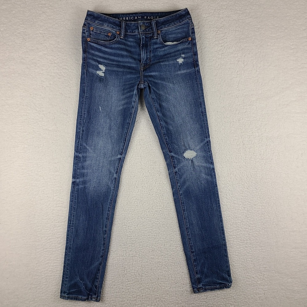 American Eagle‎ Jeans Mens 30x32 Skinny Airflex+ Distress Blue Dark Wash GC